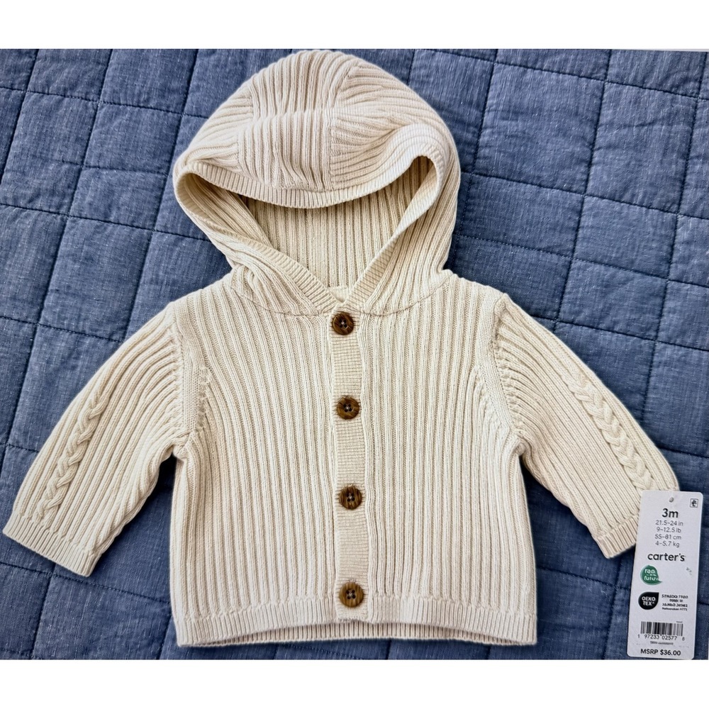 Carter's Baby Hooded Cardigan Sweater 3M Cream Cable Knit NWT